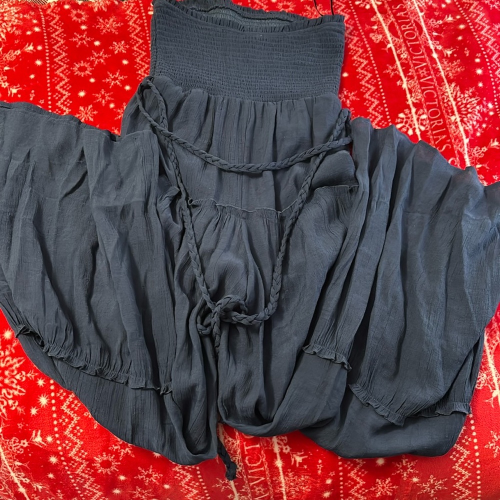 Selling navy blue tube top wide pant romper from love tree. Size is small
